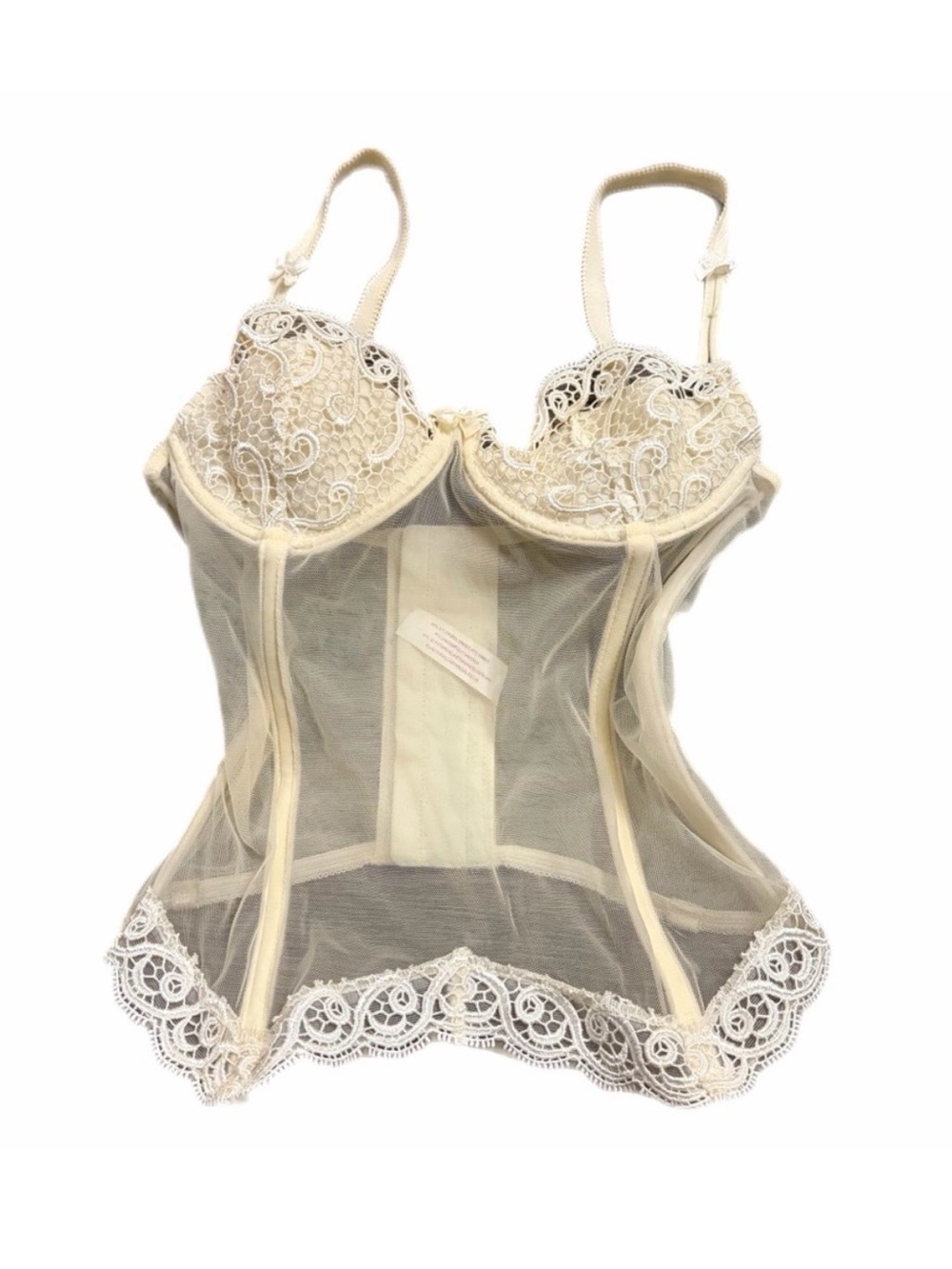 90s French Vintage Valège Lace Sheer Embroidered Corset Bustier Cream/White XS/S